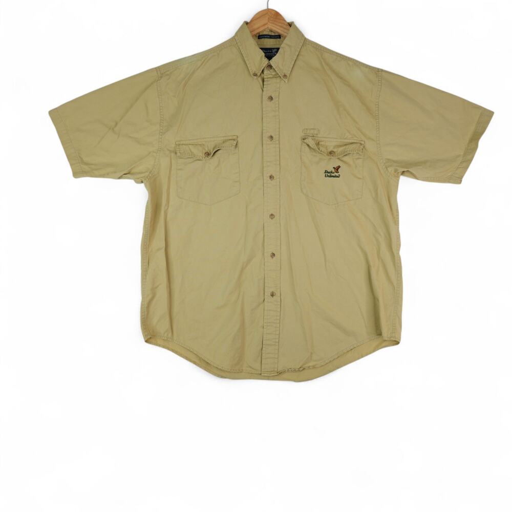 Vintage Ducks Unlimited Shirt Mens L Tan Short Sleeve Button Down‎ 100% Cotton